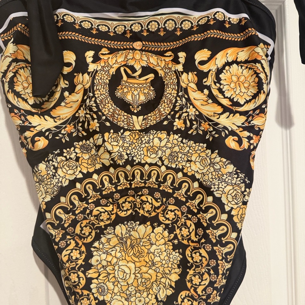 Black and Gold Baroque-Print One-Piece Swimsuit with Tie Straps - Picture 11 of 14